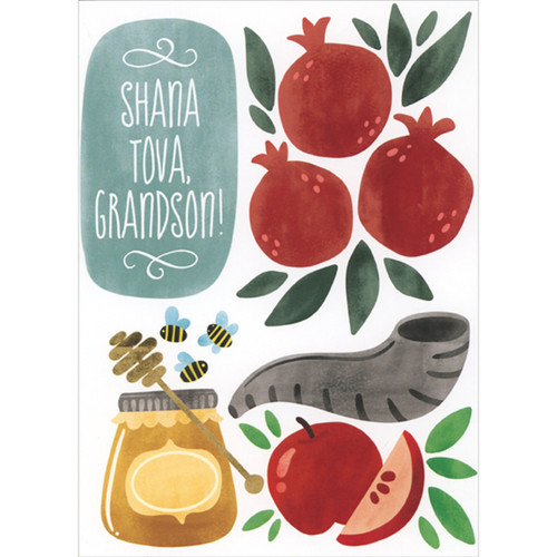 Pomegranates, Apple, Honey Jar and Shofar Horn on White Rosh Hashanah Card for Grandson: Shana Tova, Grandson!