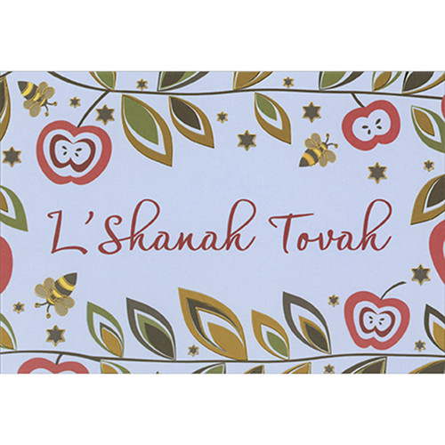 L'Shanah Tovah: Gold Foil Leaves and Bees on Light Blue Package of 8 Rosh Hashanah Cards: L'shanah Tovah