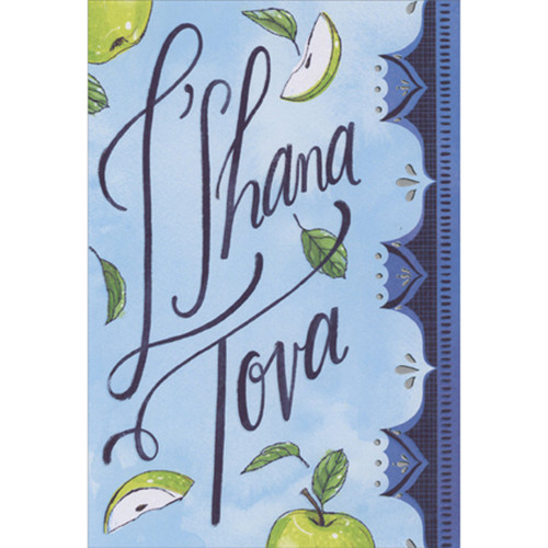 Falling Apples and Leaves on Light Blue with Dark Blue Border Package of 8 Rosh Hashanah Cards: L'Shana Tova