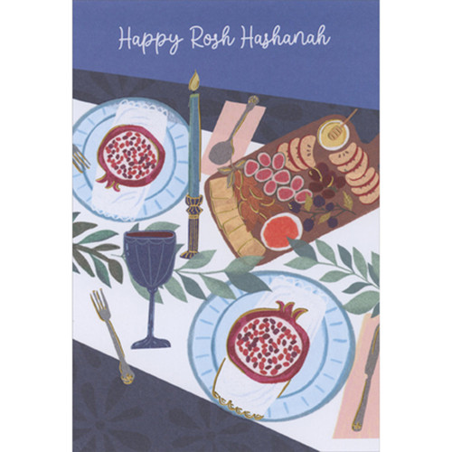 Food on Serving Board and Blue Plates on Table Package of 8 Rosh Hashanah Cards: Happy Rosh Hashanah