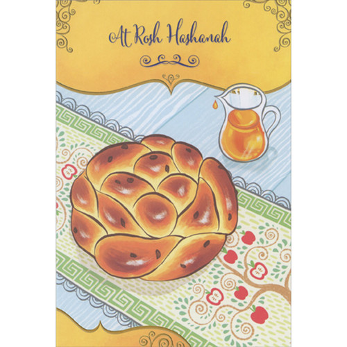 Honey and Challah Bread on Tablecloth with Apple Tree Package of 8 Rosh Hashanah Cards: At Rosh Hashanah