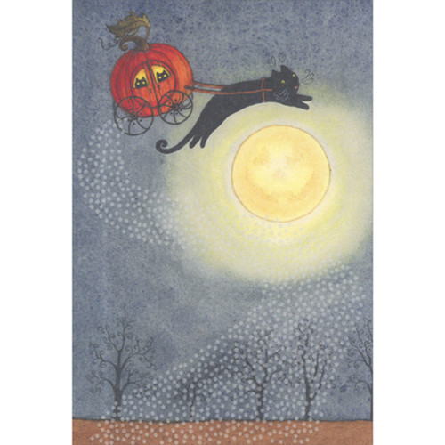 Cat Pulling Pumpkin Chariot Across Full Moon Halloween Card