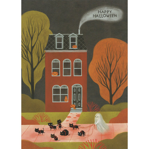 Ghost Walking Black Cats on Leashes in Front of House Halloween Card: Happy Halloween