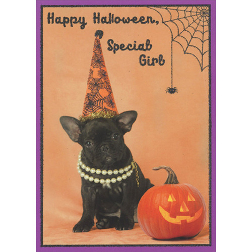 Black Puppy Wearing Large Orange and Black Spider Web Party Hat Juvenile Halloween Card for Girl: Happy Halloween, Special Girl