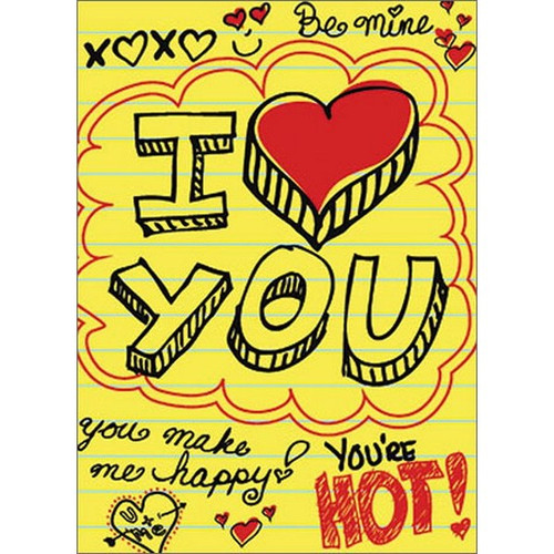 Love Doodles A*Press Valentine's Day Card: xoxo - Be Mine -I (heart) YOU - You Make Me Happy - You're Hot! - U + Me