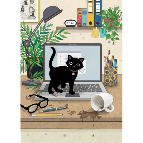 Laptop Kitty: Black Kitten and Spilled Coffee Cup 'Bug Art' Blank Note Card