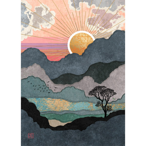 Mountain Sunset with Gold Foil Rays of Light 'Bug Art' Blank Note Card