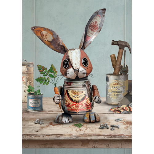 Scrap Rabbit Holding Carrot on Workbench 'Bug Art' Blank Note Card
