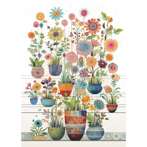 Colorful Pots and Flowers on Long Stems 'Bug Art' Blank Note Card