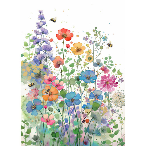 Bumblebees and Meadow of Colorful Flowers on Long Stems 'Bug Art' Blank Note Card
