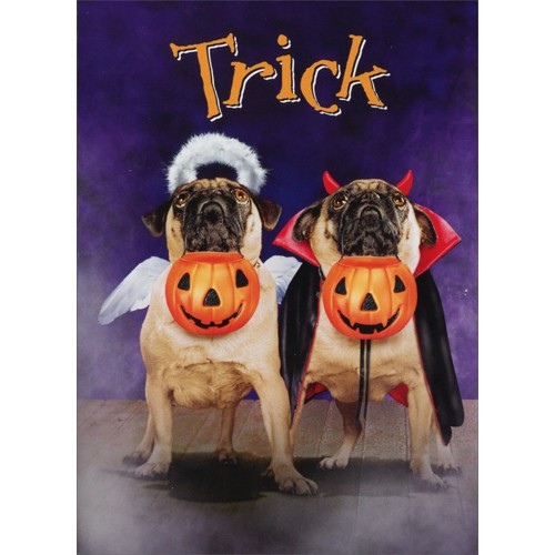Two Pugs In Costumes Stand Out Pop-Up Funny / Humorous Dog Halloween Card: Trick
