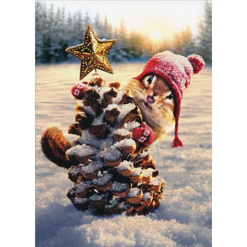 Chipmunk Pine Cone Tree Embellished Christmas Card