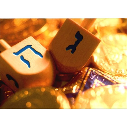 Dreidels & Coins on Gold Hanukkah Card