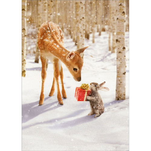 Bunny Giving Present to Deer Cute Christmas Card