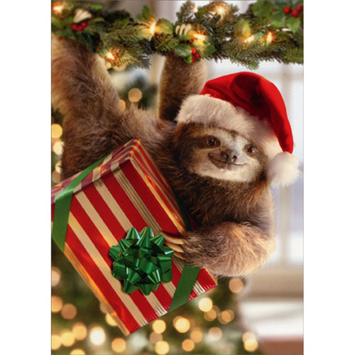 Cute Santa Sloth Holding Gift While Hanging from Holly Christmas Card