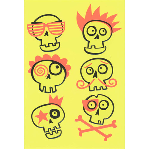 Line Drawn Skulls with Silly Pink Hair and Features on Light Green Halloween Card