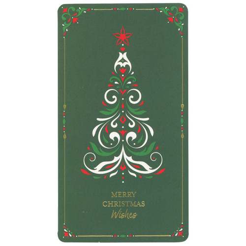 Tree with Red, Green and White Swirling Patterned Branches Money Holder Christmas Card: Merry Christmas Wishes
