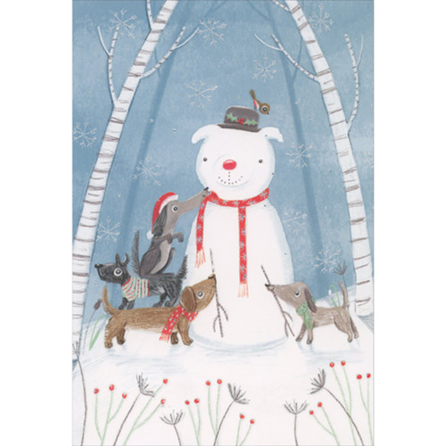 Four Dogs Making a Dog Shaped Snowman in Forest Christmas Card