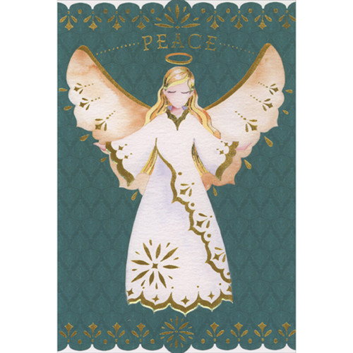 Peace: Angel with Gold Foil Accents on Dark Green Patterned Background Christmas Card: Peace