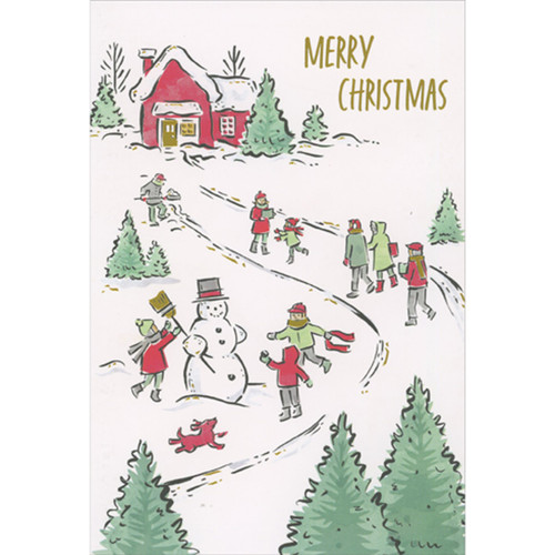 Kids and Dog Playing Near Snowman and People Walking Along Snowy Path Christmas Card from All of Us: Merry Christmas Kids and Dog Playing Near Snowman and People Walking Along Snowy Path Christmas Card from All of Us: Merry Christmas