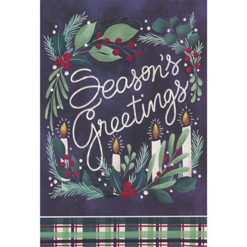 Season's Greetings Script Inside Border of Candles and Hollies Christmas Card from Us: Season's Greetings Season's Greetings Script Inside Border of Candles and Hollies Christmas Card from Us: Season's Greetings