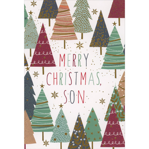 Gold Foil Snowflakes and Multi-Colored Trees with Gold Foil Accents on White Christmas Card for Son: Merry Christmas, Son