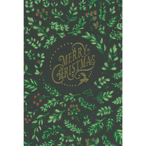 Gold Foil Merry Christmas Script and Reindeer Inside Swirling Green Foil Holly Branches Christmas Card for Brother and Family: Merry Christmas