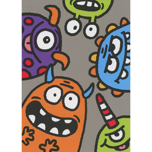 Purple, Green, Blue and Orange Monsters Circling Around Border Halloween Card for Kids