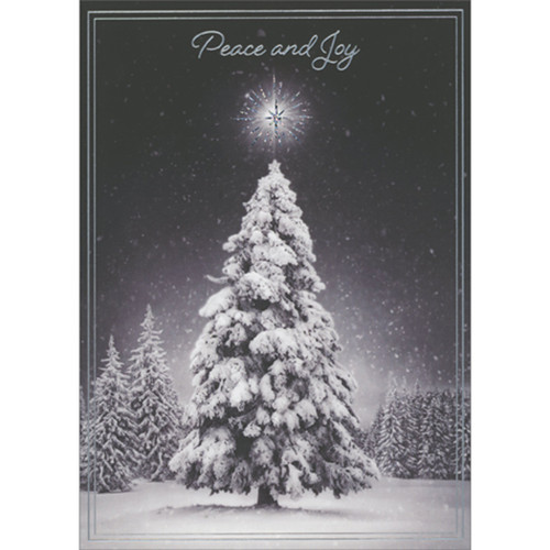 Peace and Joy: Shining Silver Foil Star Above Snow Covered Tree Christmas Card: Peace and Joy