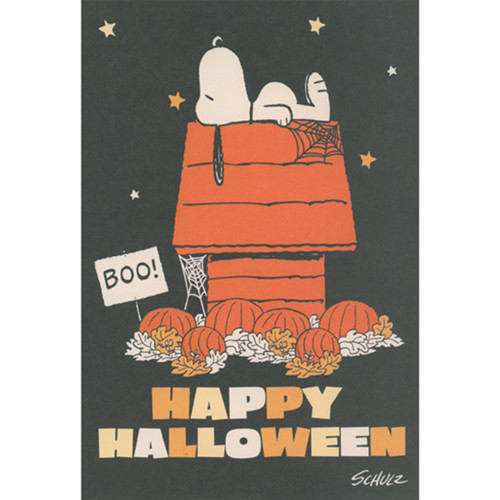 Snoopy Sleeping on Orange Doghouse Under Starry Sky Peanuts Halloween Card: Boo! Happy Halloween