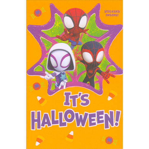 Spidey, Spin and Ghost-Spider Inside Purple and Green Web Spiderman Halloween Card with Stickers for Kids: It's Halloween! Stickers inside!