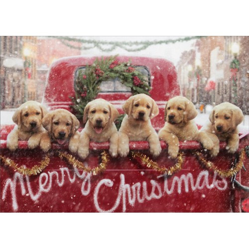 Lab Puppies In Red Truck Dog Christmas Card: Merry Christmas