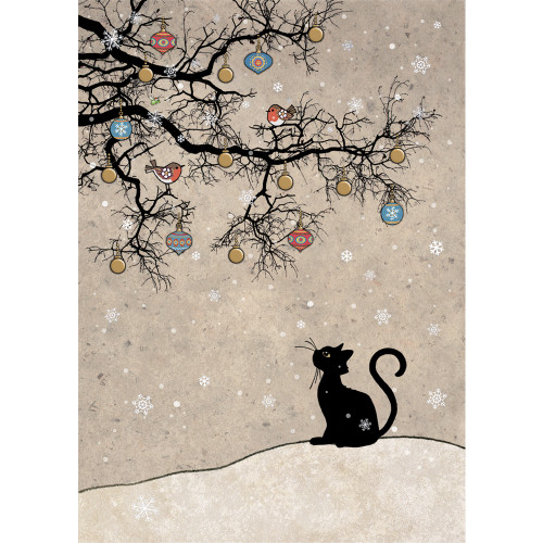 Cat and Robins: Black Cat Staring Up at Birds on Branches 'Bug Art' Christmas Card