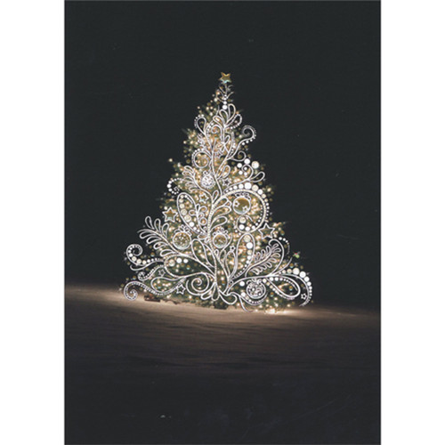 White Tree: Swirling White Branches and Gold Foil Ornaments and Star on Black 'Bug Art' Christmas Card