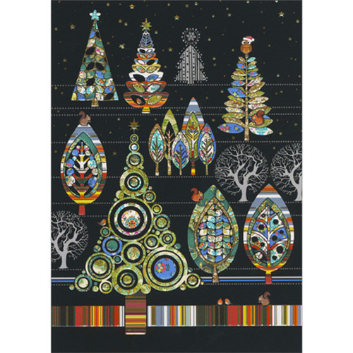 Forest of Gold Foil Accented, Colorfully Patterned Teardrop and Triangle Shaped Trees 'Bug Art' Christmas Card