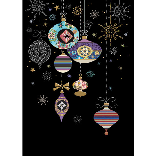 Patterned Baubles: Colorful Gold Accented Ornaments on Black 'Bug Art' Christmas Card