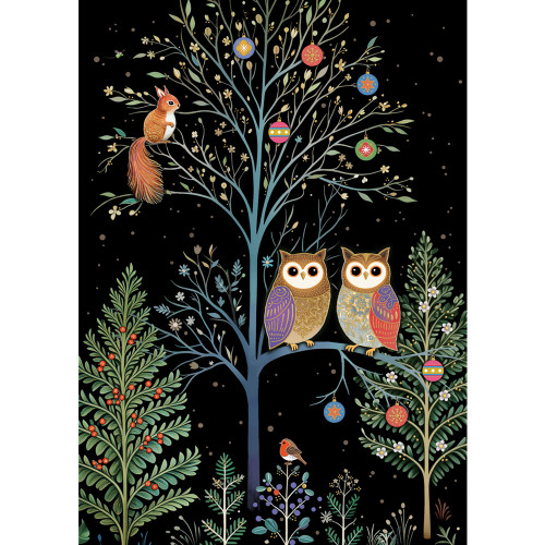 Night Owls Tree: Two Colorful Owls with Patterned Wings on Branch on Black 'Bug Art' Christmas Card