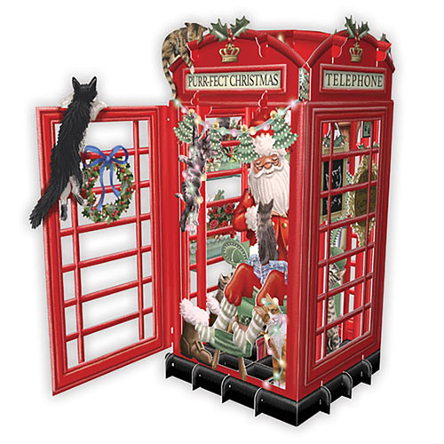 Santa and Cats Inside Red British Phone Booth Laser Cut 3D Pop Up Christmas Card: Telephone - Purr-Fect Christmas