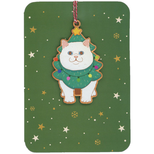 Twinkle Cat Wearing Tree Costumes Keepsake Wooden Ornament on Green Background with Stars Christmas Card