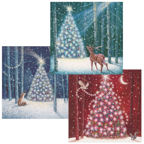 Enchanted Christmas: Deer, Fox and Owl with Decorated Trees Assorted Box of 12 Christmas Cards