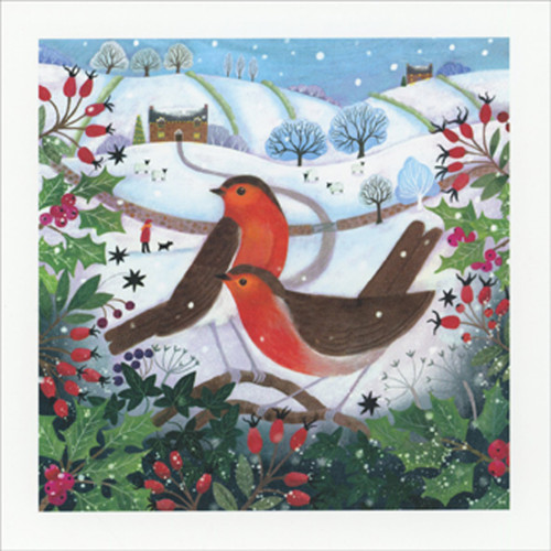 Hedgerow Robins, Holly Bush and Wintery Rolling Hills Box of 8 Christmas Cards
