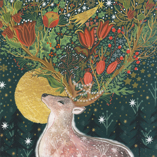 King of the Forest Deer with Large Antlers Flowing with Flowers and Holly Box of 5 Luxury Christmas Cards