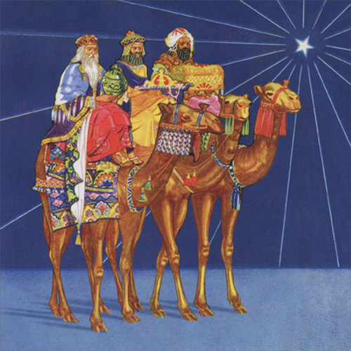 Three Kings Bearing Gifts on Camels Under Shining Star Box of 8 Religious Christmas Cards