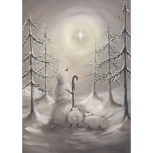 Snowman Shepherd and Sheep Gazing Up at Star Box of 16 Religious Christmas Cards