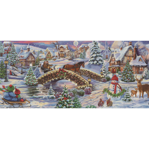 Stone Bridge, Stream, Carriage, Snowman and Deer in Old Fashioned Village Long Glitter Collection Box of 14 Christmas Cards