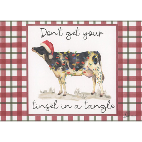 Don't Get Your Tinsel in a Tangle: Cow with Lights and Santa Hat Funny Christmas Card: Don’t get your tinsel in a tangle