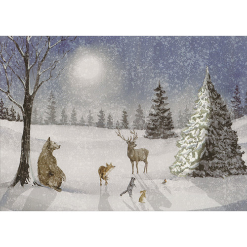 Bear, Fox, Deer and Rabbit in Clearing Between Two Trees Deluxe Glitter Christmas Card