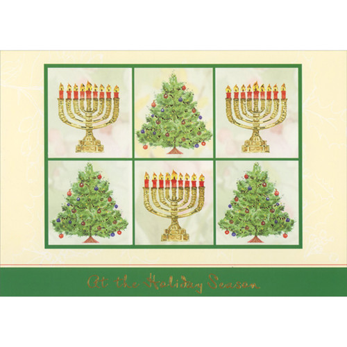 At the Holiday Season: Six Panels of Menorahs and Trees Box of 18 Interfaith Holiday Cards: At the Holiday Season