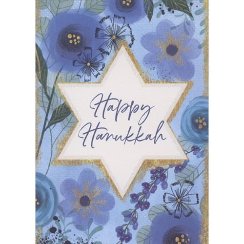 Gold Bordered Star Over a Variety of Flowers in Shades of Blue Box of 15 Hanukkah Cards: Happy Hanukkah