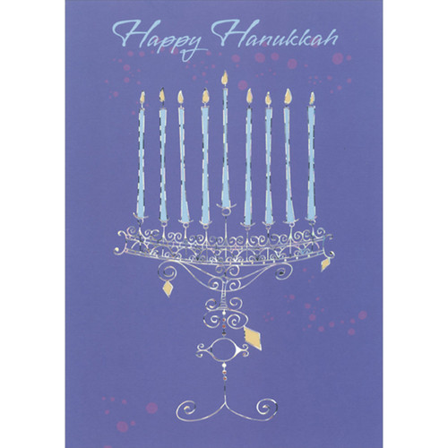 Thin Silver Foil Menorah with Tall Thin Light Blue Candles on Blue Box of 15 Hanukkah Cards: Happy Hanukkah
